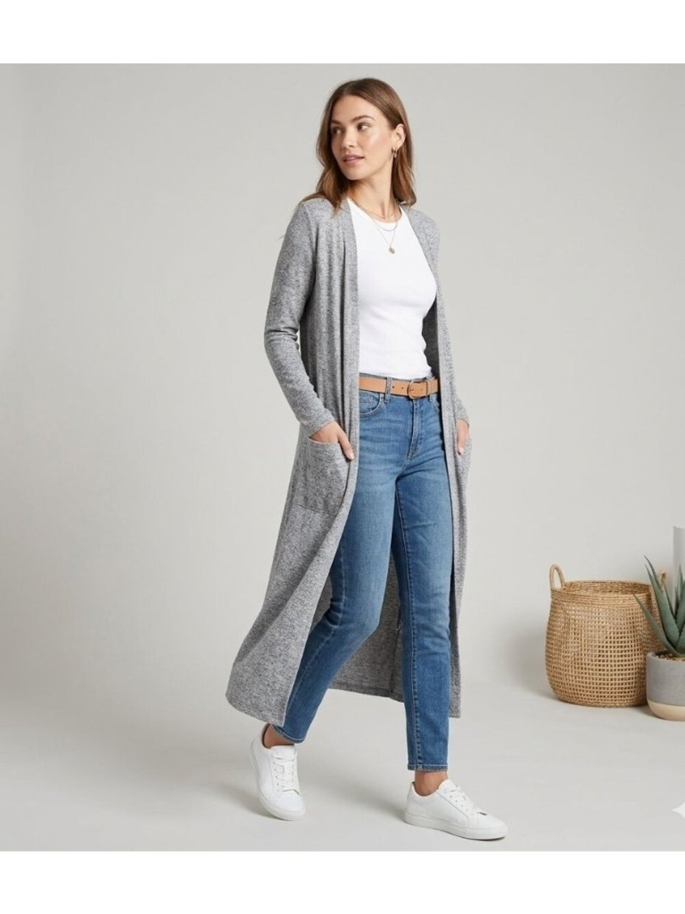 H&M Duster Cardigan Size Small Gray Longline Open Front Patch Pockets